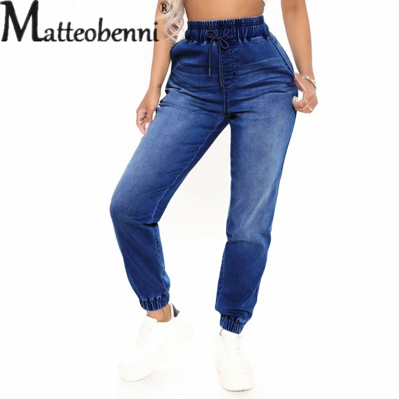 Women Elasticated Waist Drawstring Lace-up Pencil Jeans British Style Commuter Slim Fit Denim Pants Female Four Seasons Trousers
