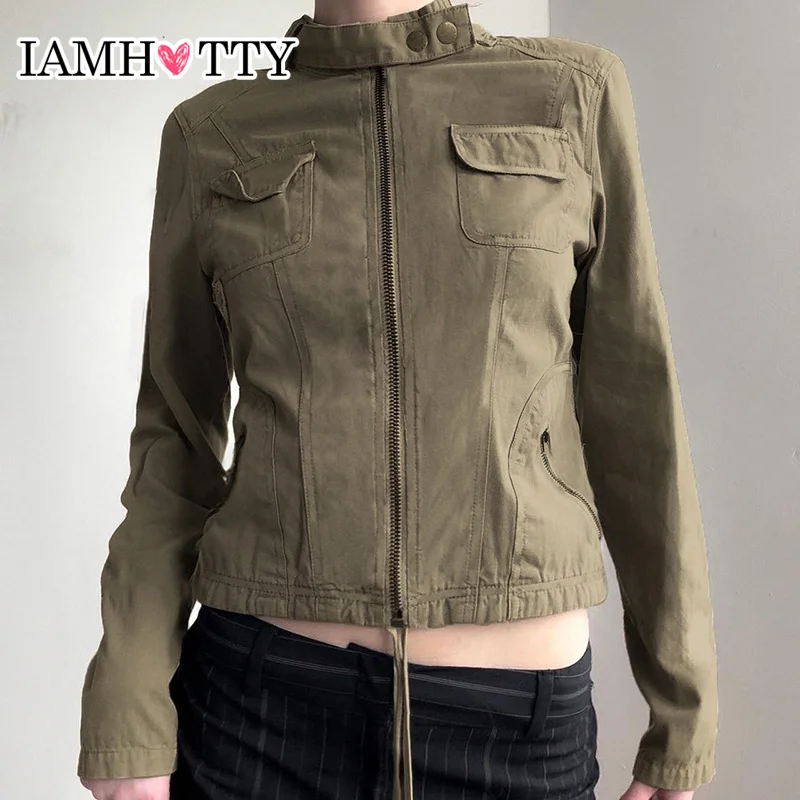 IAMHOTTY Vintage Pocket Cargo Jacket Autumn Winter Drawstring Multi Zippers Coat Women Grunge Style Half Turtleneck Cardigan New