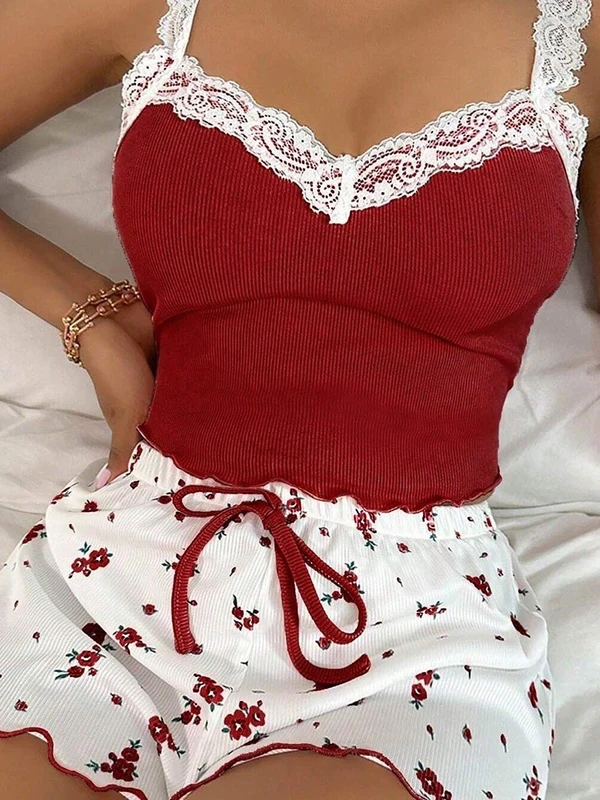 Women's Two-Piece Summer Ribbed Knitted Flower Print Lace Trimmed Camisole Vest and Bow Shorts Sexy Pajama Set