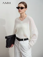 Amii Minimalism V-Neck Dopamine Shoulder Thin Pullover Split Asymmetrical Solid Long Sleeve Wool Loose Knitted Sweater 12521038 2