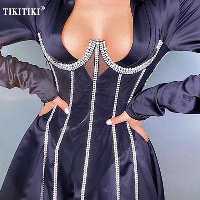 Women's Top Fit Long Sleeve Bustier Tulle Transparent Rhinestone Casual  Elegant Sensual