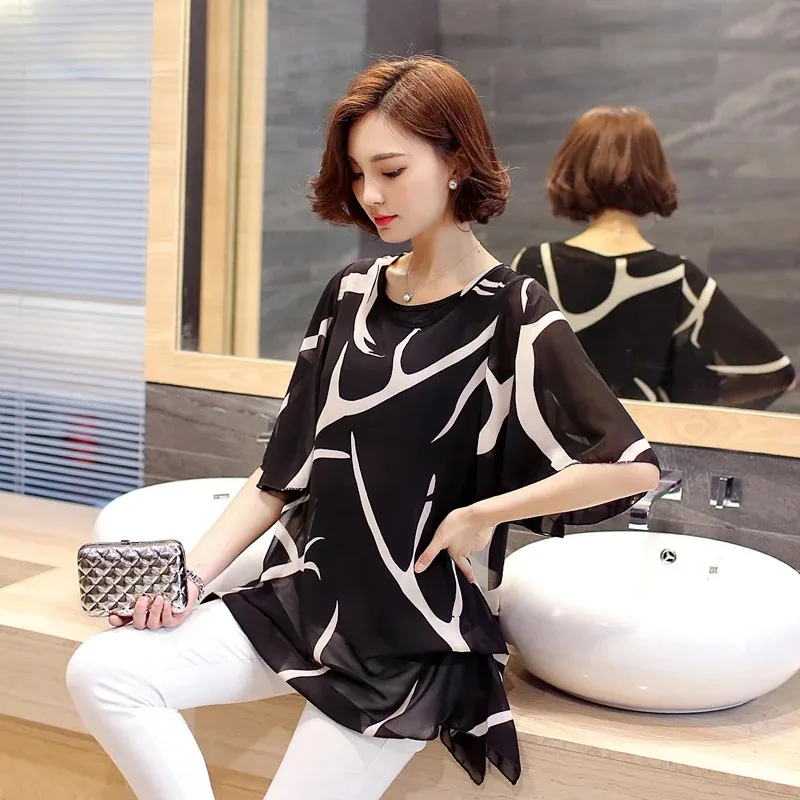 Women's Short Sleeve Loose Chiffon Blouse O-Neck Hollow Shirt Casual Tops Elegant Clothing Fashion Summer New 60A 30