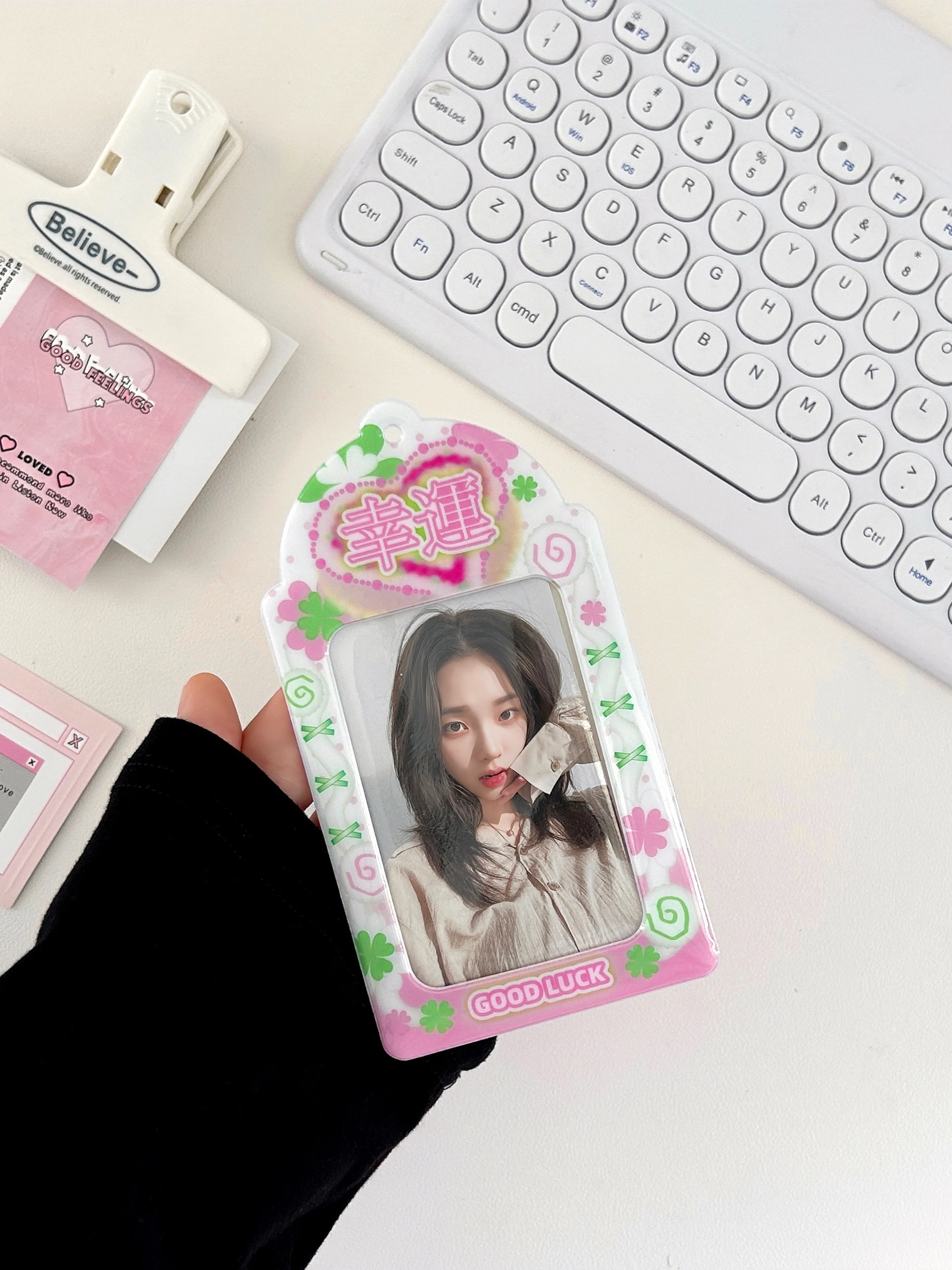 Lucky Clover Photocard Holder Keychain Kpop Idol Photo Sleeve ID Card Cover Student Bag Pendant Gift For Kpop Fans