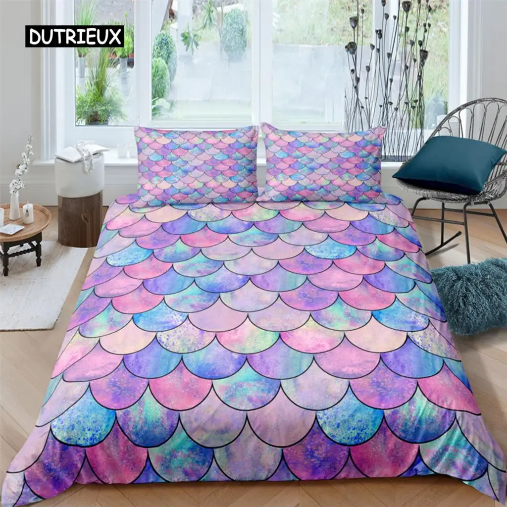 FishScalesDuvetCoverSetBeddingSetColorfulMermaidScaleQuiltCoverPillowcaseQueenSize