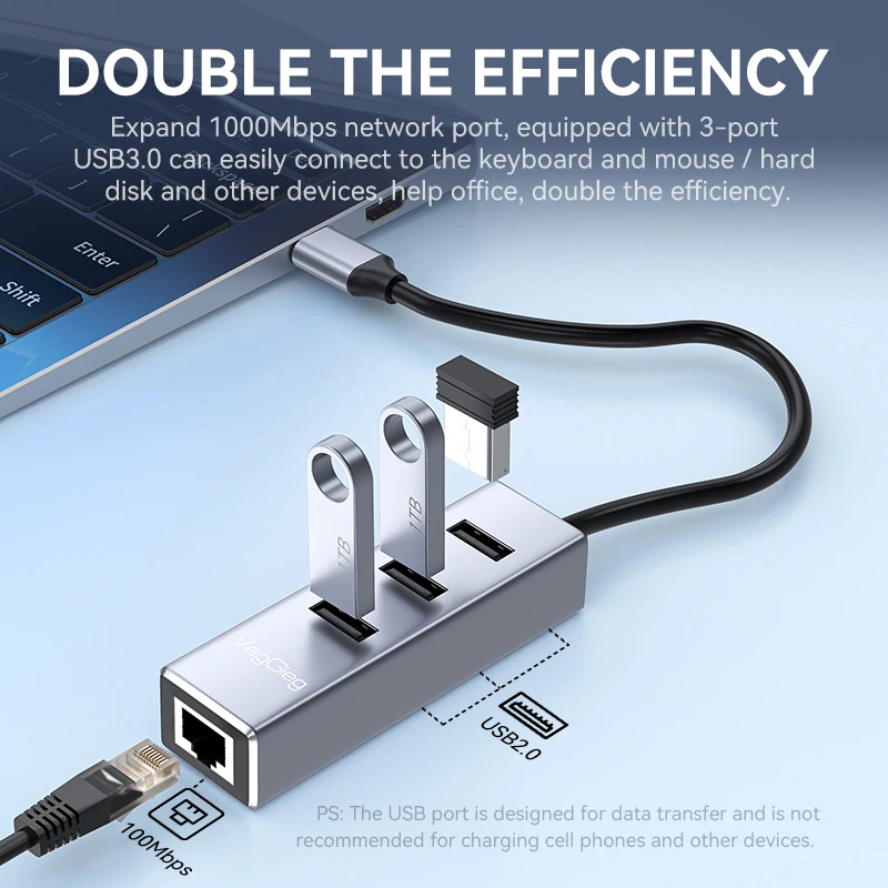 VegGieg 이더넷 어댑터 USB Type-C - 100Mbps, 노트북 PC용 3포트 USB 2.0 허브 포함 - 네트워크 카드 어댑터