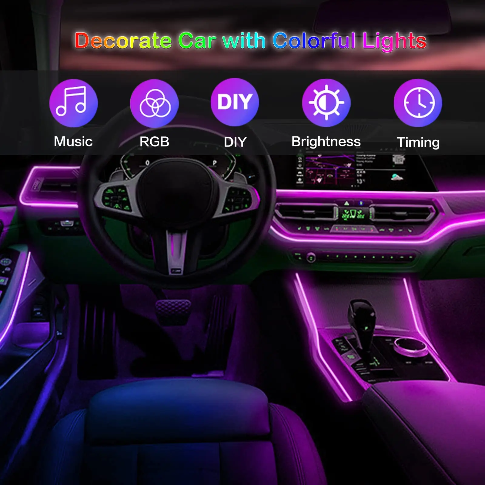 Car LED Interior Strip Light RGB Atmosphere Ambient Lighting Kit