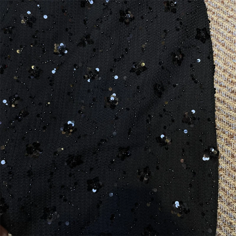 New Heavyweight Black Bead Embroidered Hand Woven Blended Tweed Fabric 100x150cm Patchwork Fashion Designer Materials By Meter