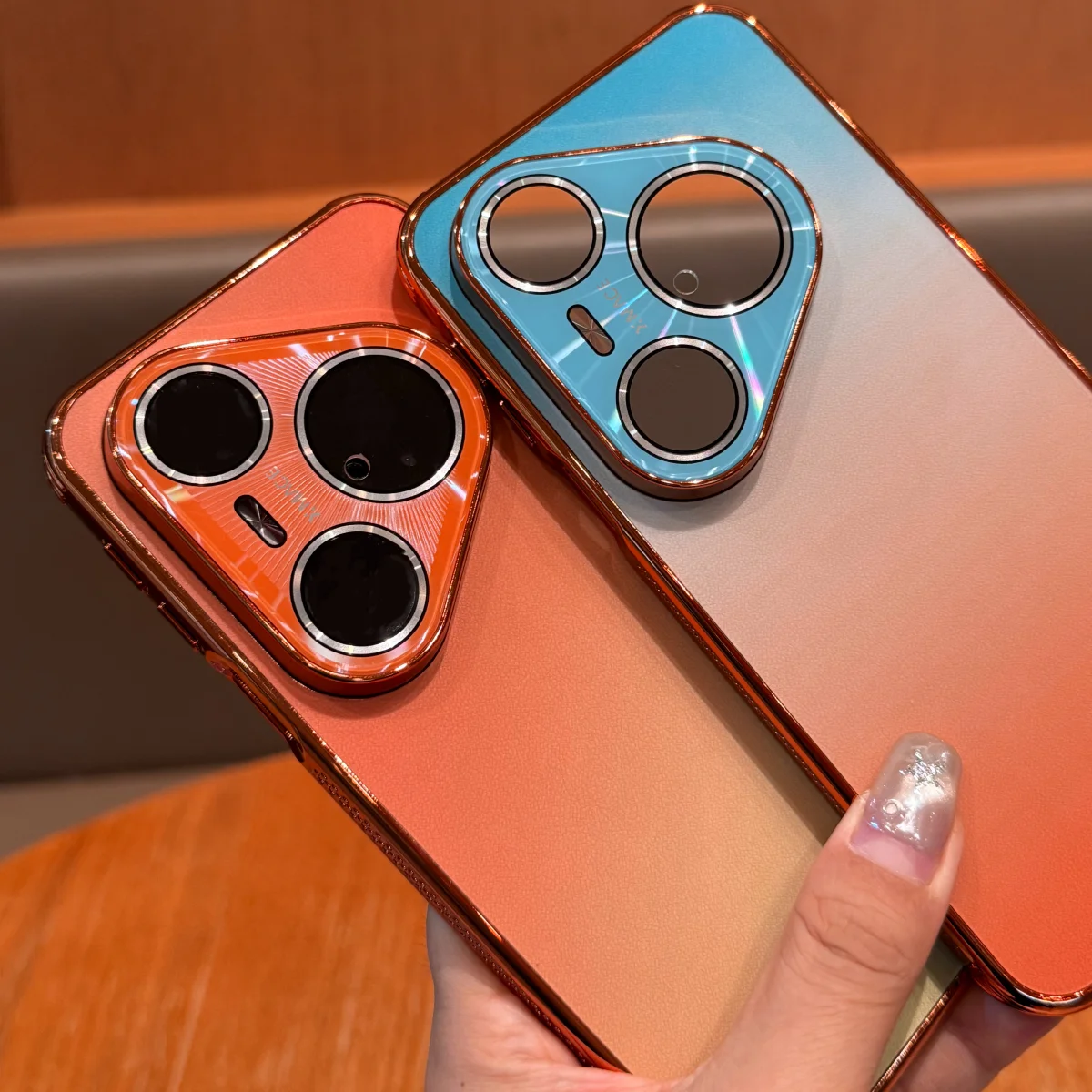 Plating Heat Dissipation Edge Gradient Silicon Leather Shockproof Phone Case with Lens Protection