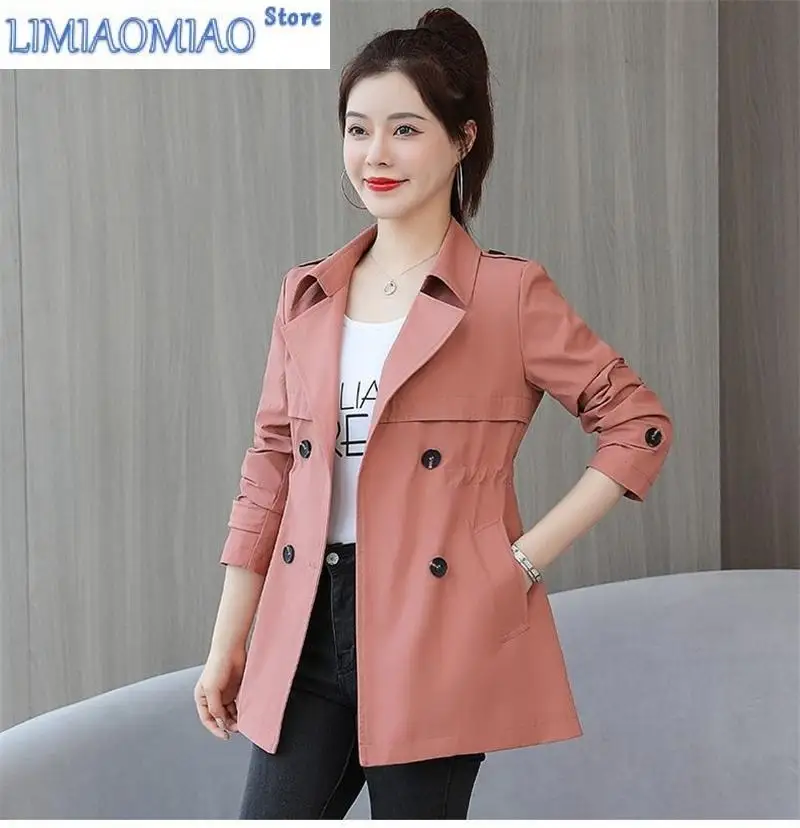 

New Spring Autumn Korean Stand Collar Windbreaker Women Loose Mid-Length Solid Color Coat Women Jacket Trendy Drawstring Thin