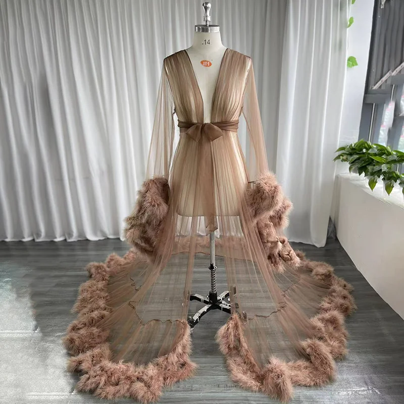 

Coffee Bridal Robe with Fur Belt Wedding Bathrobes Shawl Nightgowns Lingerie Women Dressing Kimono Cape