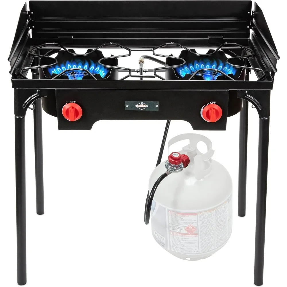 

Cast Iron Double-Burner Outdoor Gas Stove | 150,000 BTU Portable Propane Cooktop w/Blue Flame Control, Removable Legs