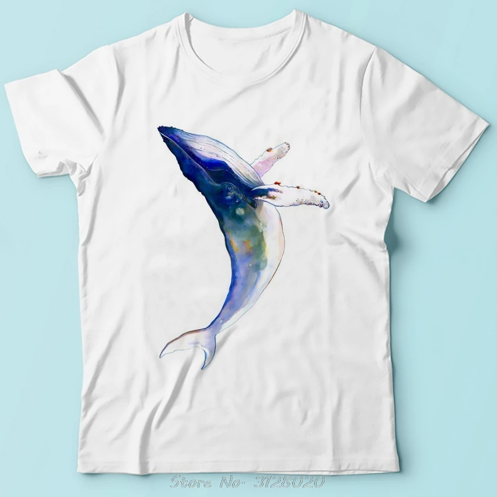 Summer Watercolor Whale Graphic Unisex T-Shirt - White Short Sleeve Casual Tee