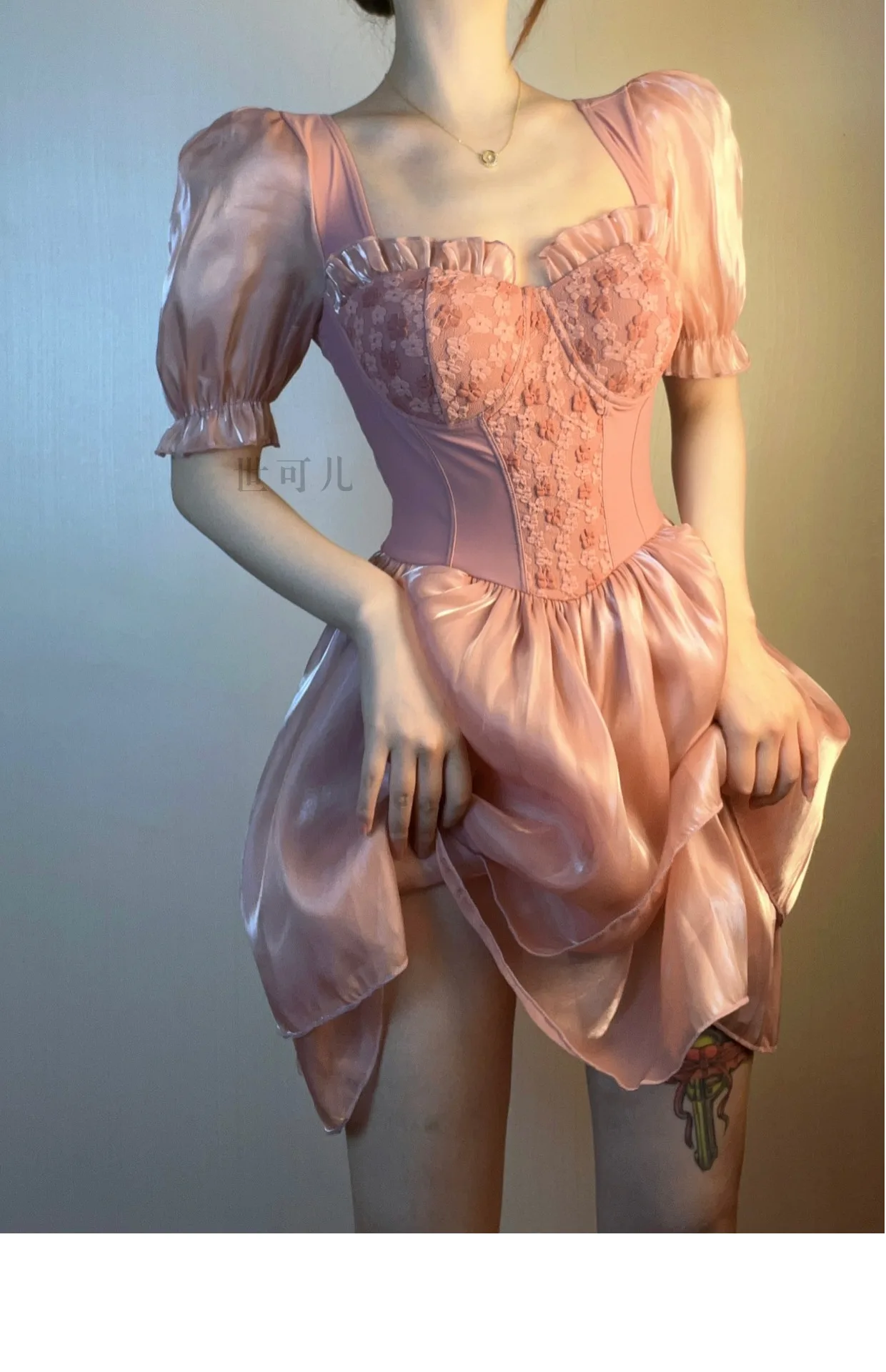 Sweet Pink Lace Puff Sleeve High Waist Dress Hot Spring Bathing Suit Female 2024 Summer Conservative One-Piece Swimsuit Women