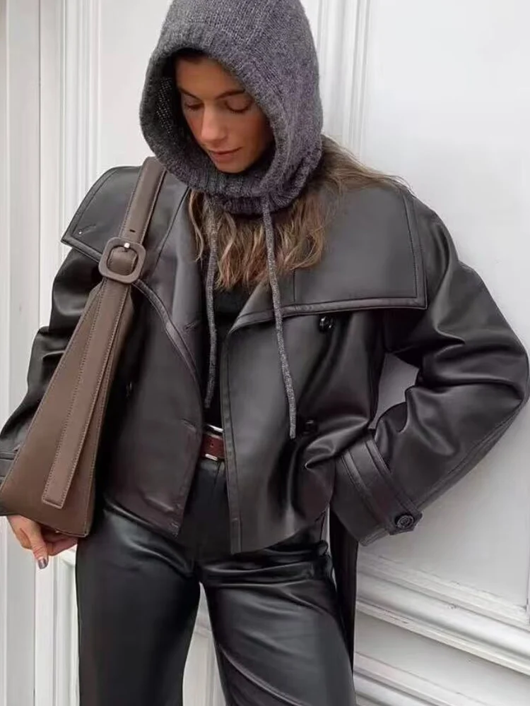 Women PU Leather Short Jacket Coats Lapel Double Breasted Faux Leather Belt Coat High Street Fashion Loose Outwear Women