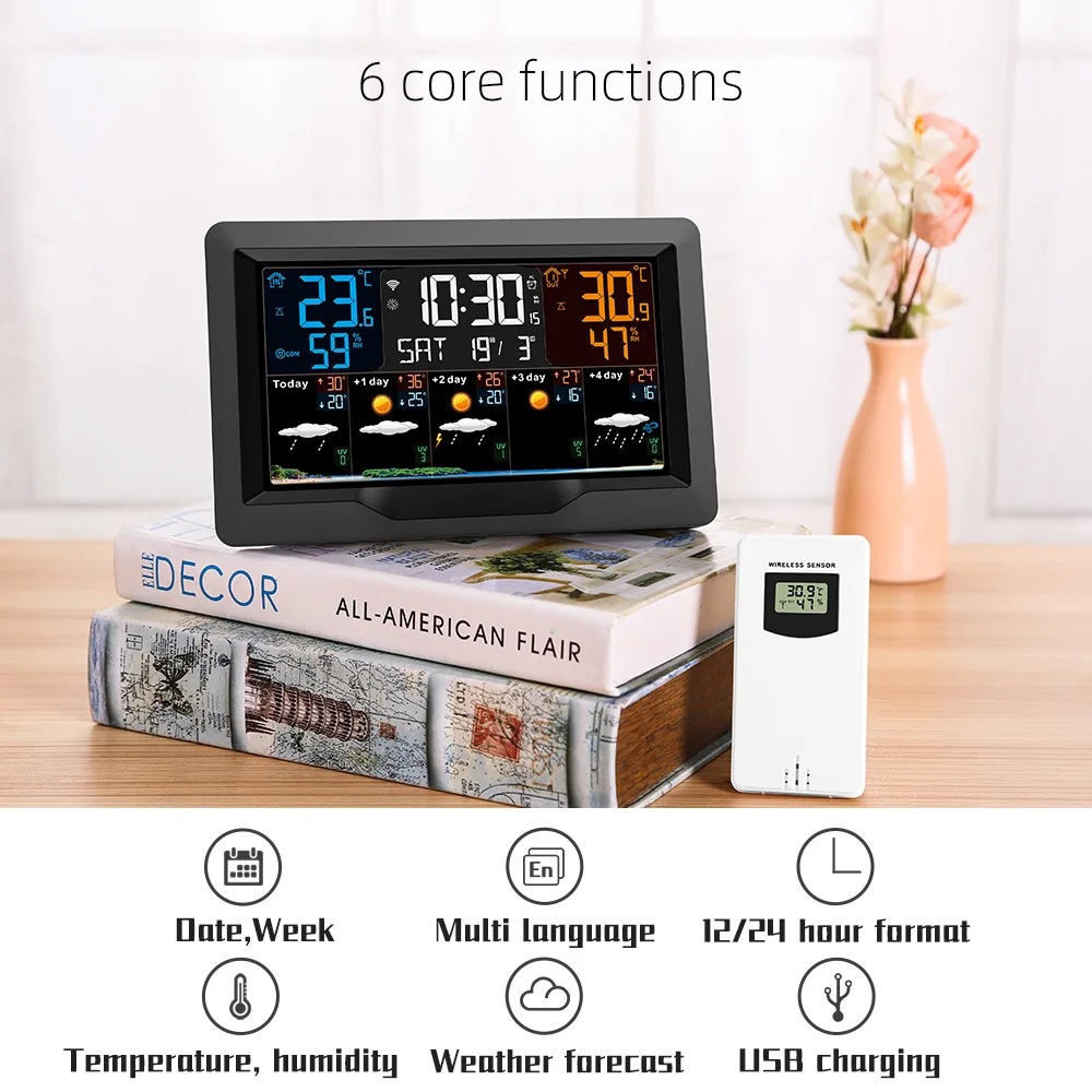 WIFI Smart Weather Station Clock FJ3390TY-A Indoor and Outdoor Temperature & Humidity Meter Large Color Screen Weather Clock