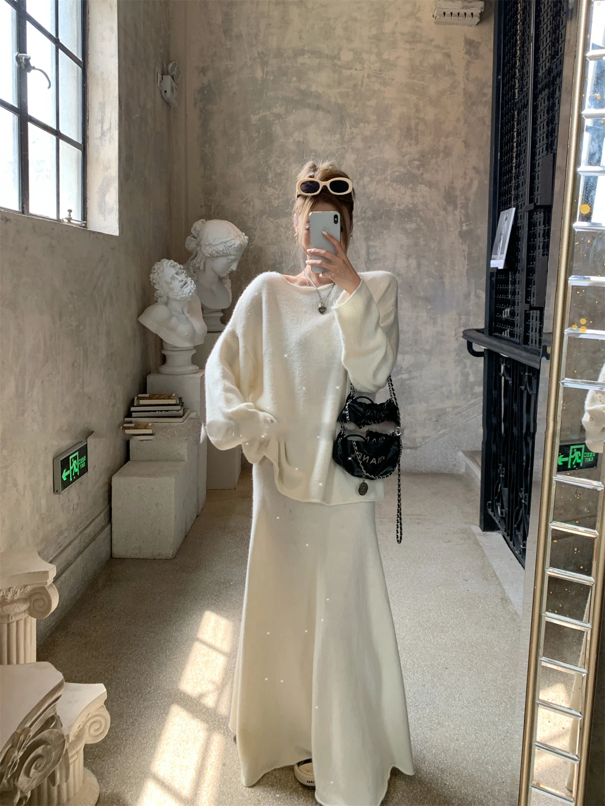 Sexy Soft Elegant Vintage Women Suits 2 Pieces Female Sets Slash Neck Sweater & Midi Dress Bling Knitted TrackSuit