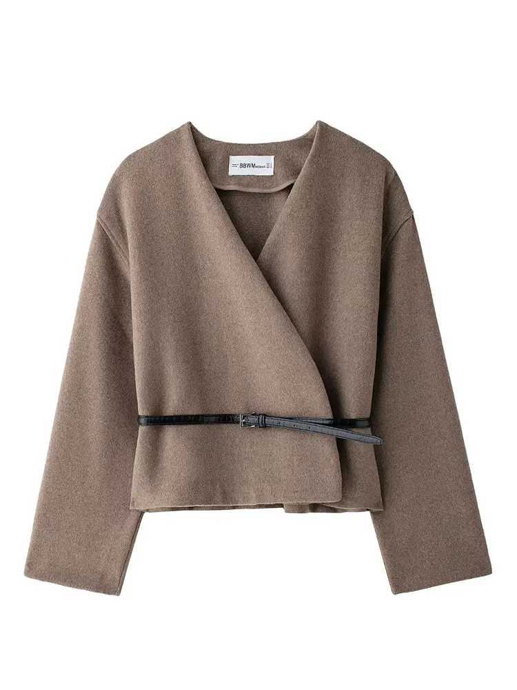 HH Women Elegant Solid V Neck Coats Casual Long Sleeve Jacket With Belt Autumn Woman Fashion High Street Lady Chic Outwear