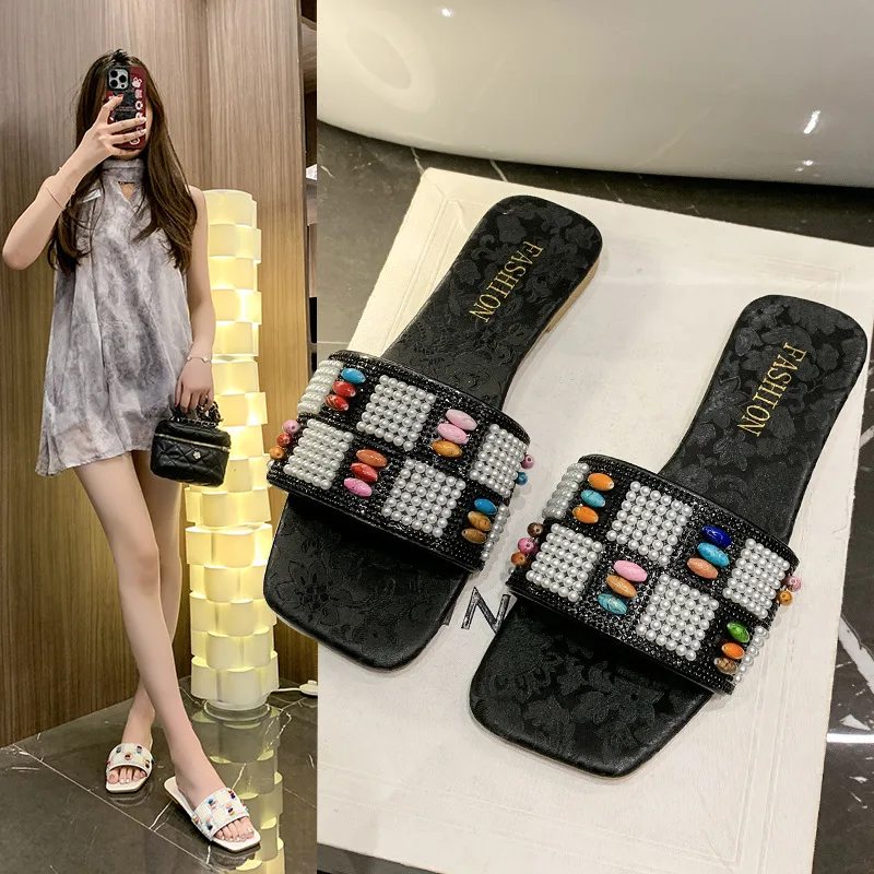 Summer Sandals Women New Summer Flat Sandals Shoes Female Designer Square Toe Bling Luxury Slippers Zapatos De Mujer