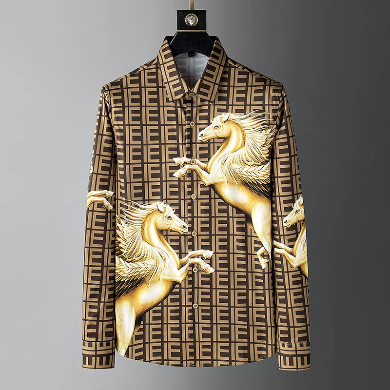 Men New Spring Shirt European Luxury Pegasus Print Trend Fashion Business Casual Party Commuting All-match Everyday Top