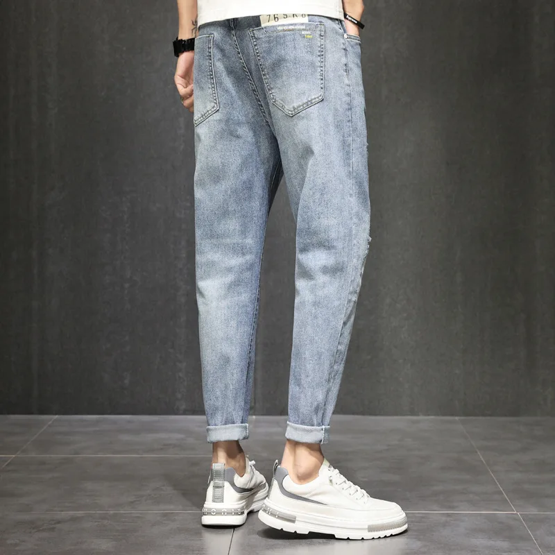 Pierced jeans men's spring and Autumn New Korean fashion small foot nine point pants straight autumn  handsome casual pants