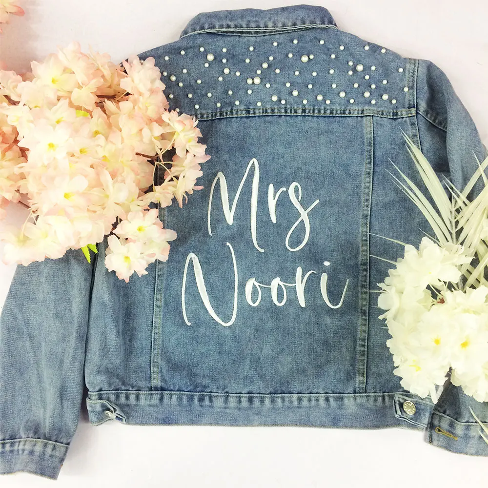 Wedding Embroidery Jeans Jacket Coat with Pearls Custom Personalized Denim Jacket Embroidered Bride Denim Shirt Future Mrs Coats