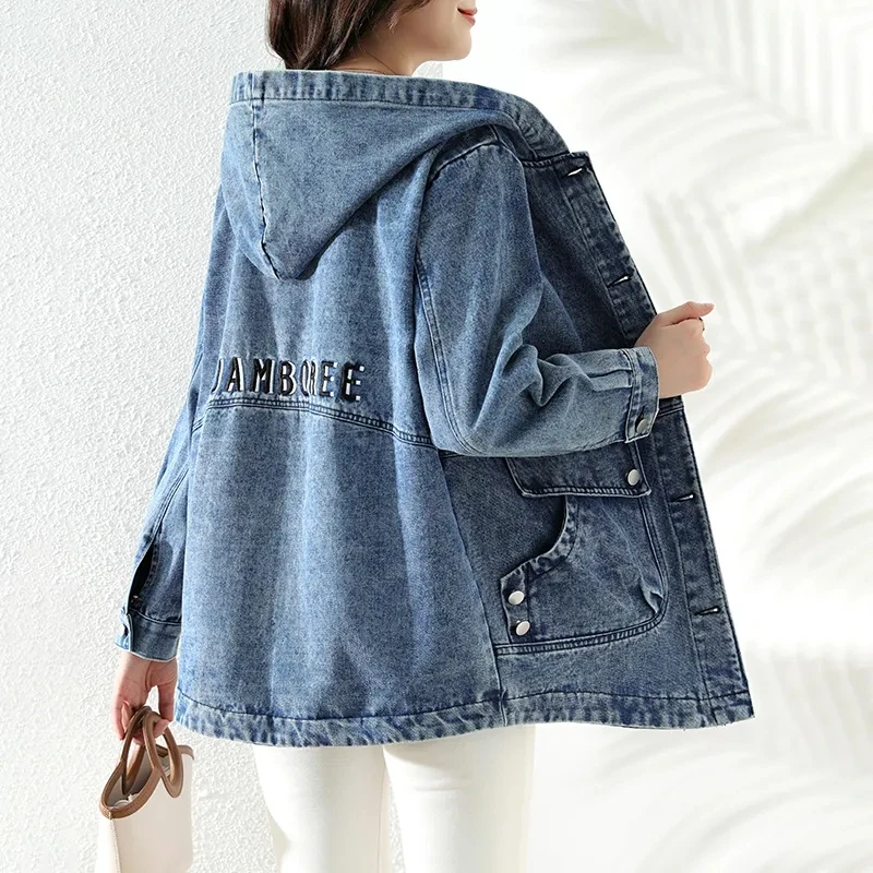 

Denim Jacket Womens Clothing 2023 New Spring and Autumn Versatile Casual Denim Trench Coat Female Large Hooded Long Outwear