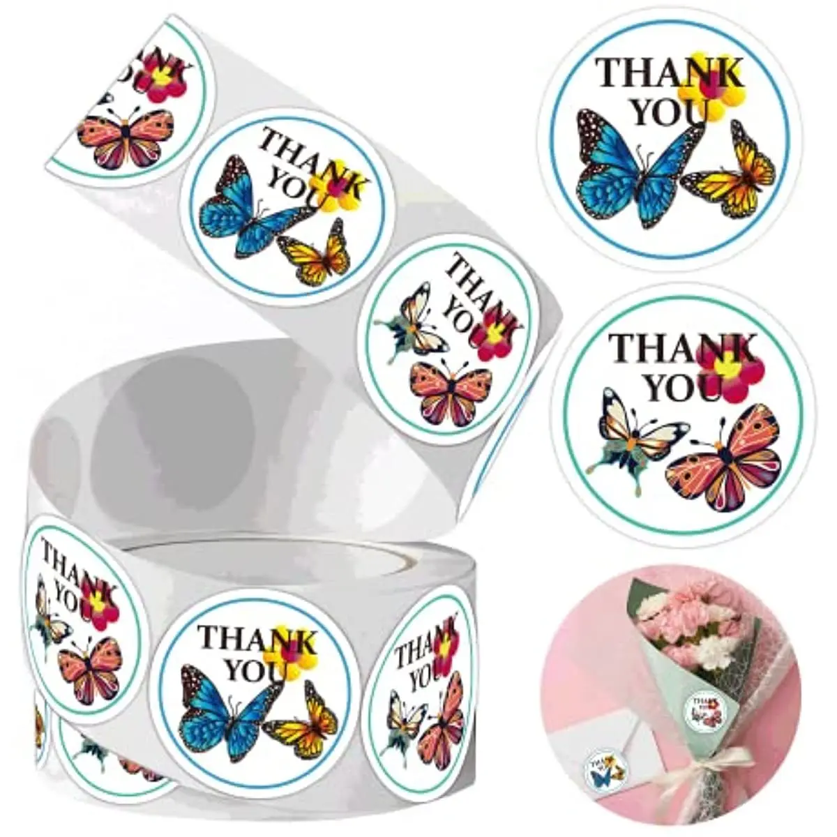 

100-500pcs Thank You Stickers Labels Stamps Round Butterfly Multicolor Envelopes Cute Closure Wedding Decoration Sticker