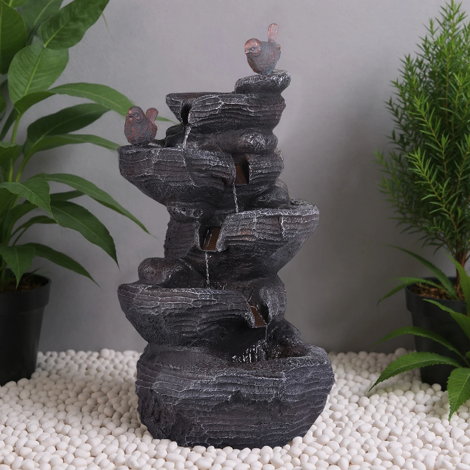 Cascading Rock Water Fountain with LED Lights Resin Stone Imitation Waterfall Tabletop Water Fountain for Home Office