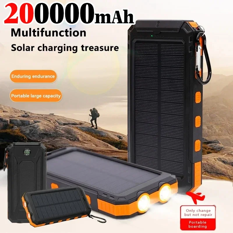 Power Bank 200000mAh Solar Power Bank Outdoor Wild Fishing Camping Large Capacity Backup Power Portable with Compass Supply Rapid Charging