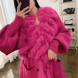 2023 New Sweater Splicing Fox Fur Cardigan European American Coat Lady Autumn Winter Long Knit Trench Coat Temperament Women