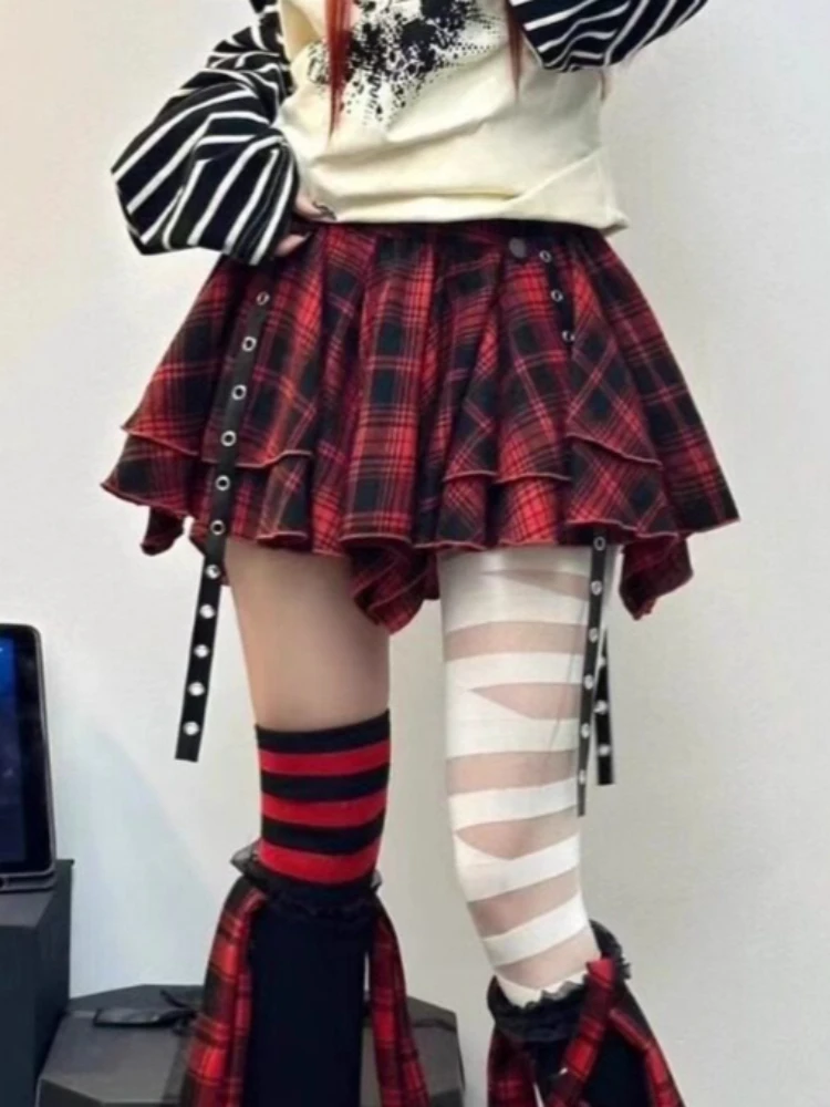 Asymmetrical Plaid Skirt with Straps High Waist Harajuku Mini Skirt Kpop Punk Gothic Red Black Tartan Skort Grunge Y2K Alt Girls - Image 2