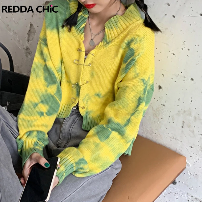 

ReddaChic Tie Dye 90s Vintage Y2k Cardigan for Women Hollow-out Pins Casual Long Sleeves Sweater Cropped Top Christmas Knitwear