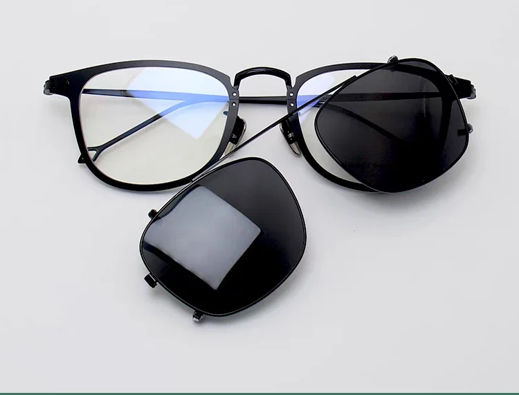 Yujo Men's Full Rim Square Titanium Eyeglasses Clip On Sunglasses Image 2