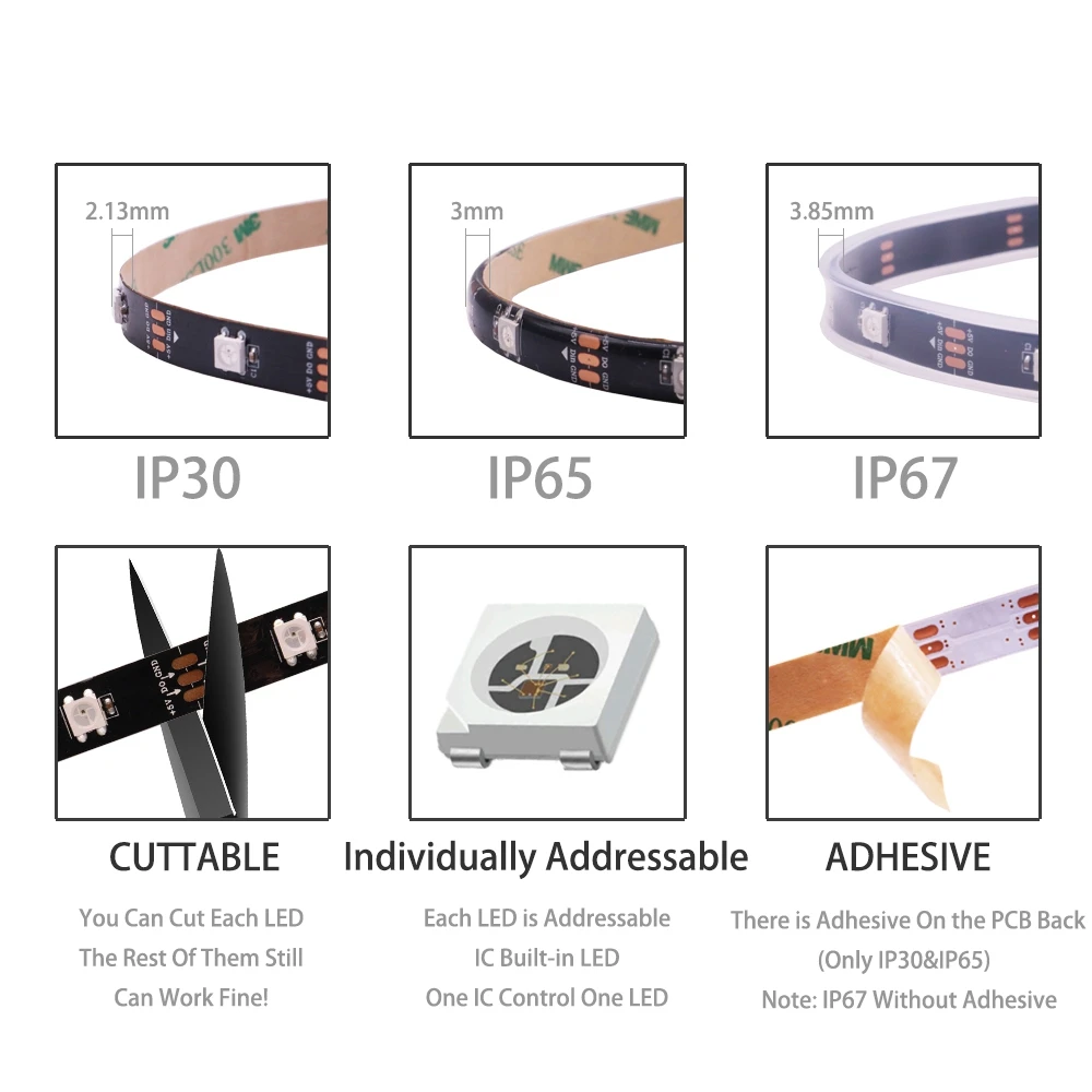 DC5V WS2812B Individually Addressable 5050 RGB Led Strip WS2812 Smart Pixels Led Light Black White PCB Waterproof IP30/65/67 3