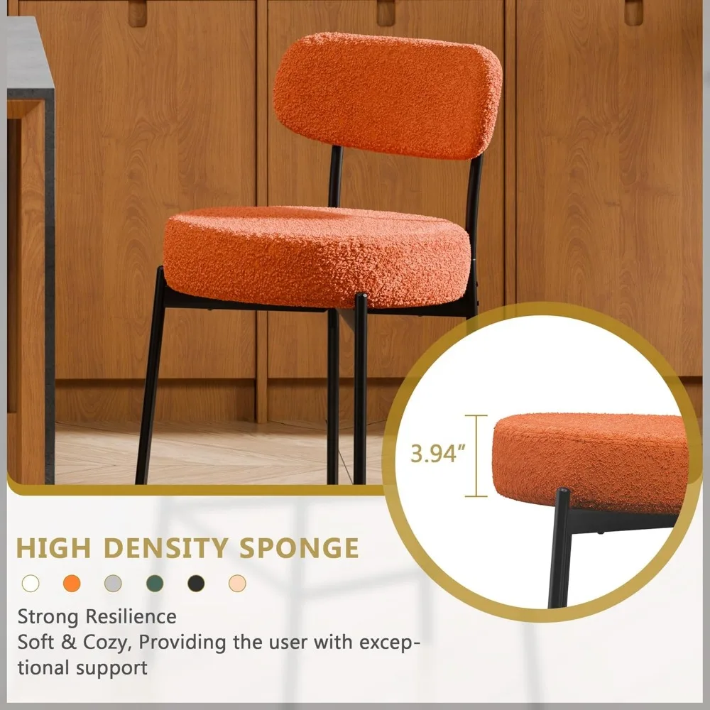 Bar Stools Set of 4,24 Inches Modern Counter Height Bar Stools with Curved Back Metal Legs, Orange Upholstered Boucle Barstools 4