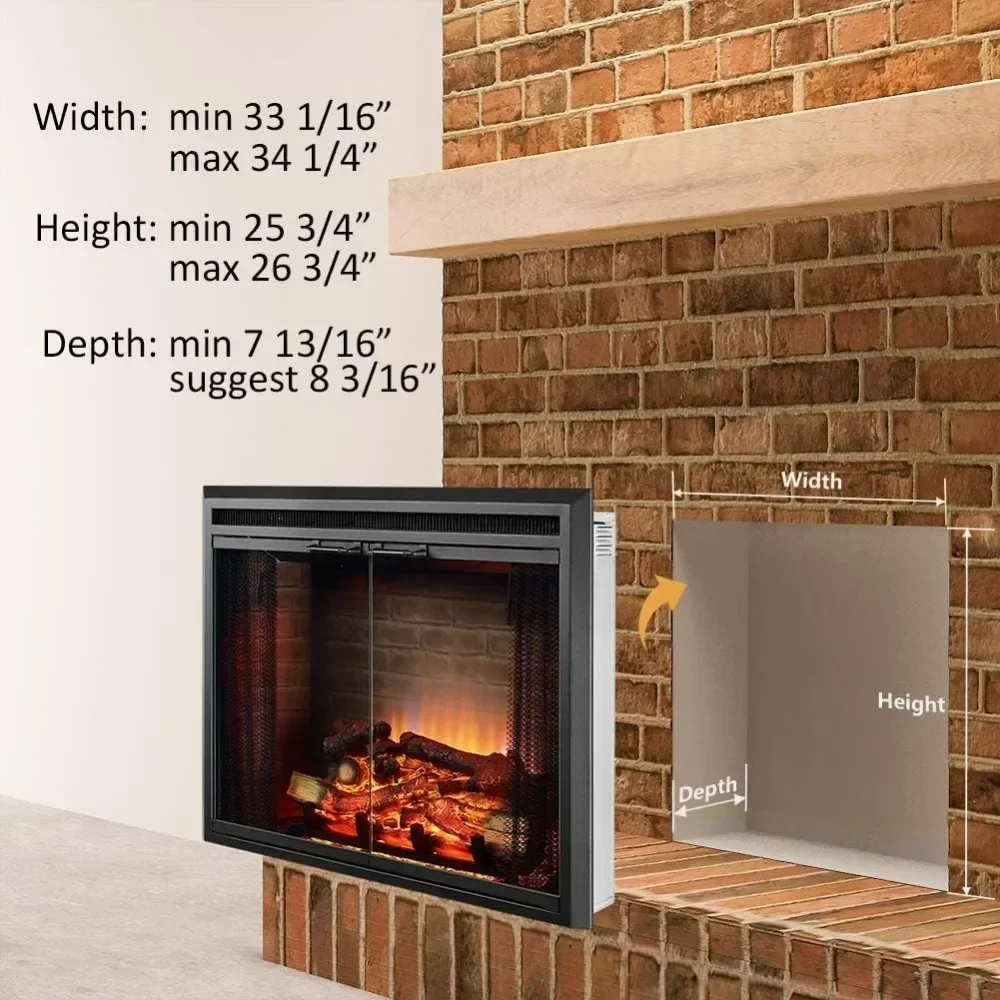 Klaus Electric Fireplace Insert with Fire Crackling Sound, Glass Door and Mesh Screen, 750/1500W, Black, 33 1/16 Inches Wide 3