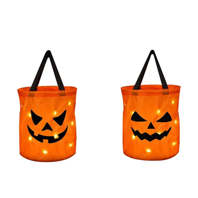 LED Light Halloween Trick or Treat Bucket Pumpkin Candy Bags Collapsible Halloween Basket for Thanksgiving Party Gift Basket