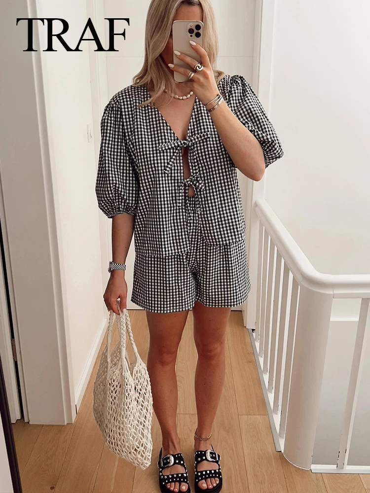 TRAF 2024 Casual Women Bow Plaid Short Shirt Shorts Suit Female Lace Up Short Sleeve Shirt Top Elastic Waist Loose Shorts Sets