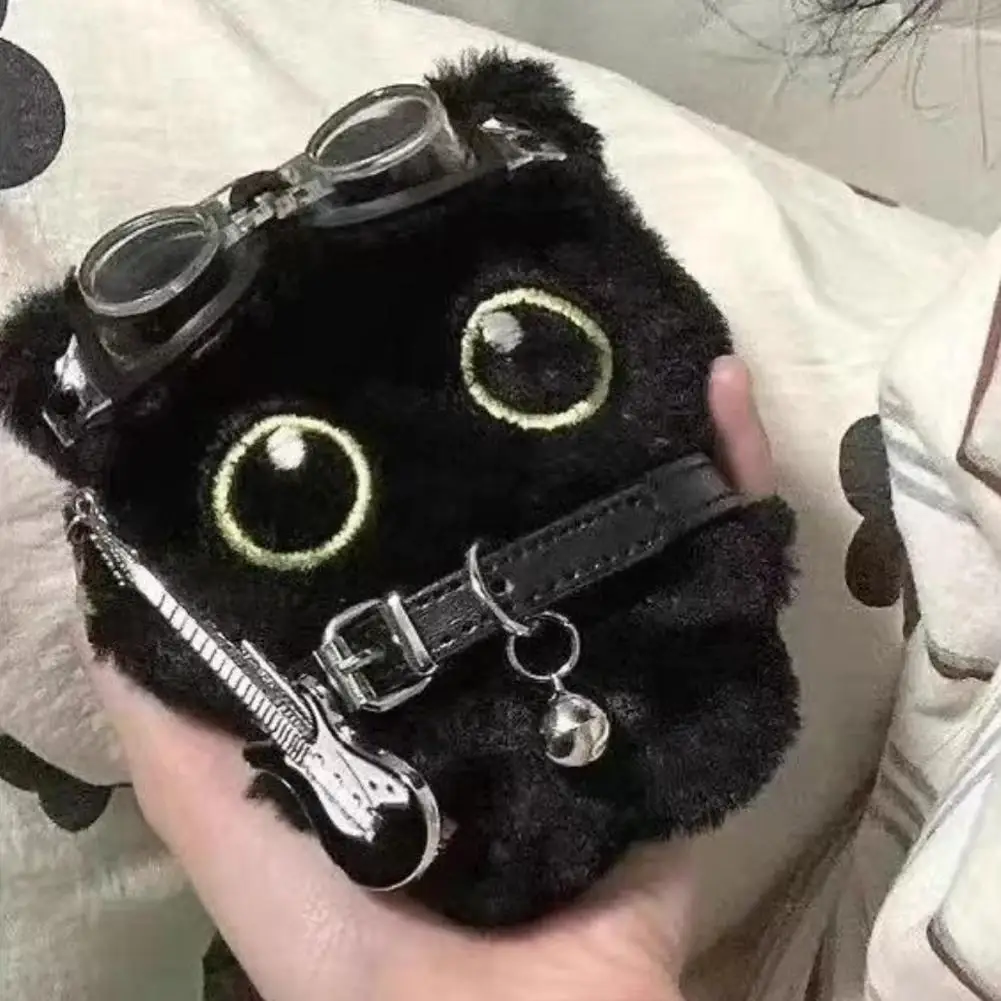 Black Cat Doll Pendant Punk Cute Rock Collar Guitar Plush Toy Holiday Birthday Gift Baby Pendant Keychain 15cm
