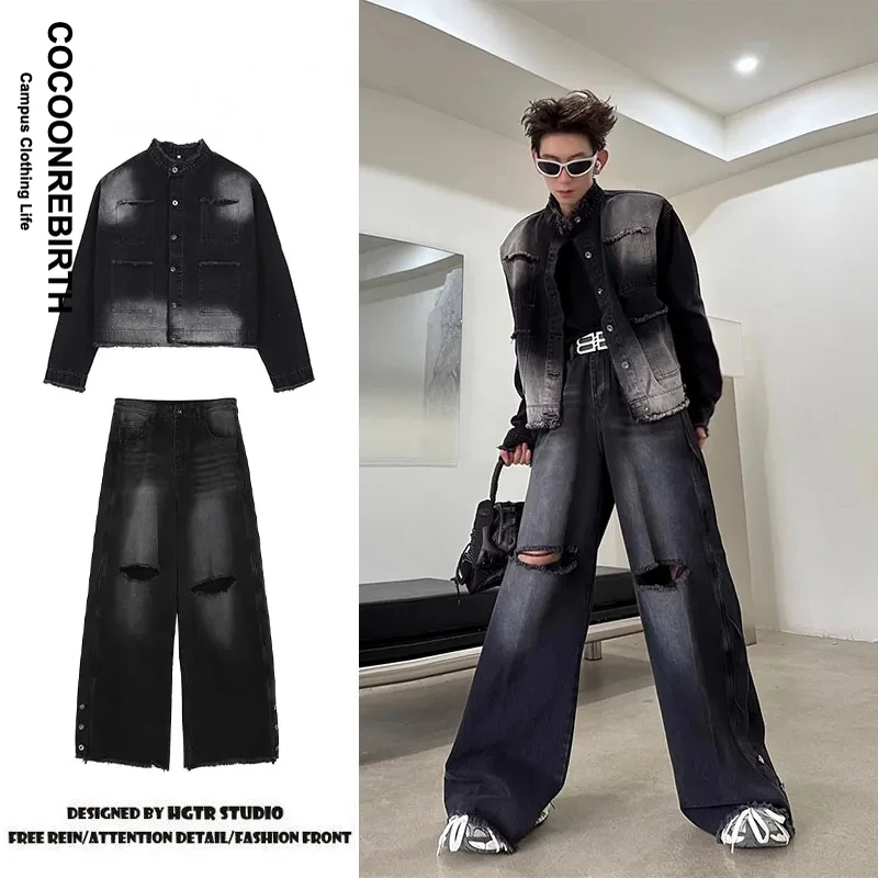 

Spring Loose Set Men Women Gradient Distressed Denim Jacket +Vintage Multi-pocket Jeans High Street Couple Two-piece Unisex