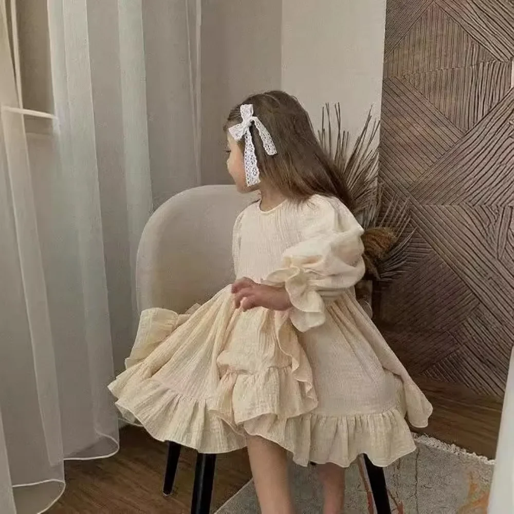 فستان أطفال 4475 لخريف فستان جديد من الكتان بحاشية مكشكشة وأكمام مرنة فستان بناتي بريطاني