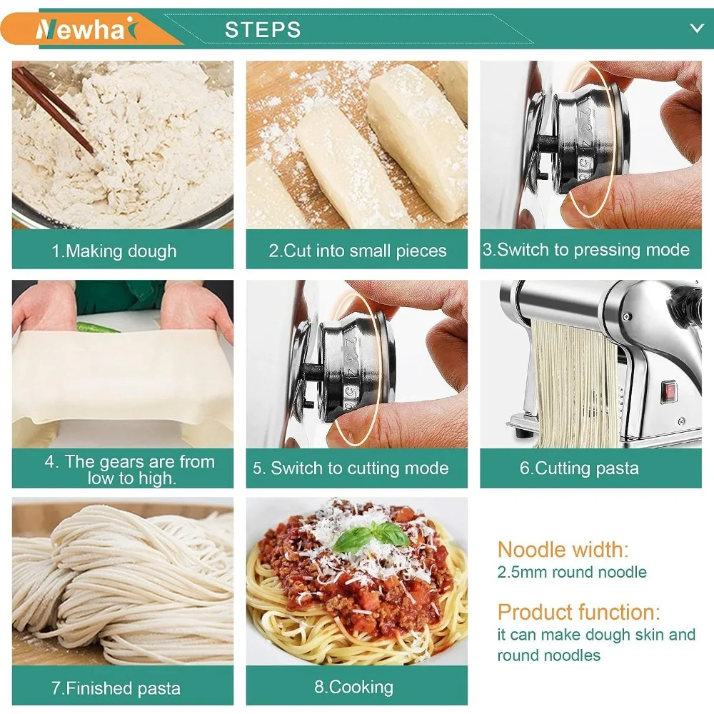 Newhai Commercial Electric Pasta Maker, Automatic Noodle Machine, 2-in-1  Heavy Duty Dough Roller Pressing Machine, with 2mm/6mm Blade, 550W  Stainless