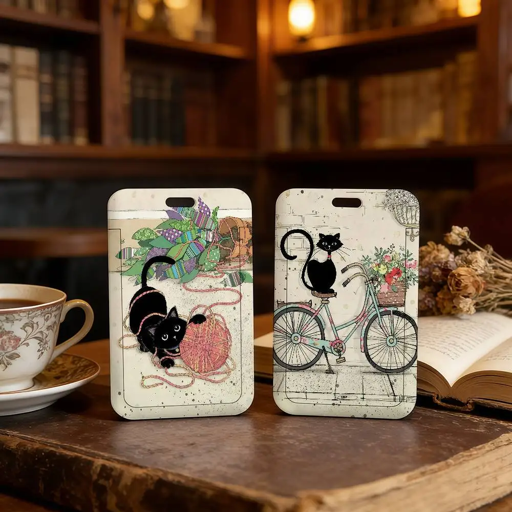 귀여운 검은 고양이 ID 카드 홀더 목걸이 펜던트 도어 홀더 랜야드 키체인 직장 신분증 케이스 선물