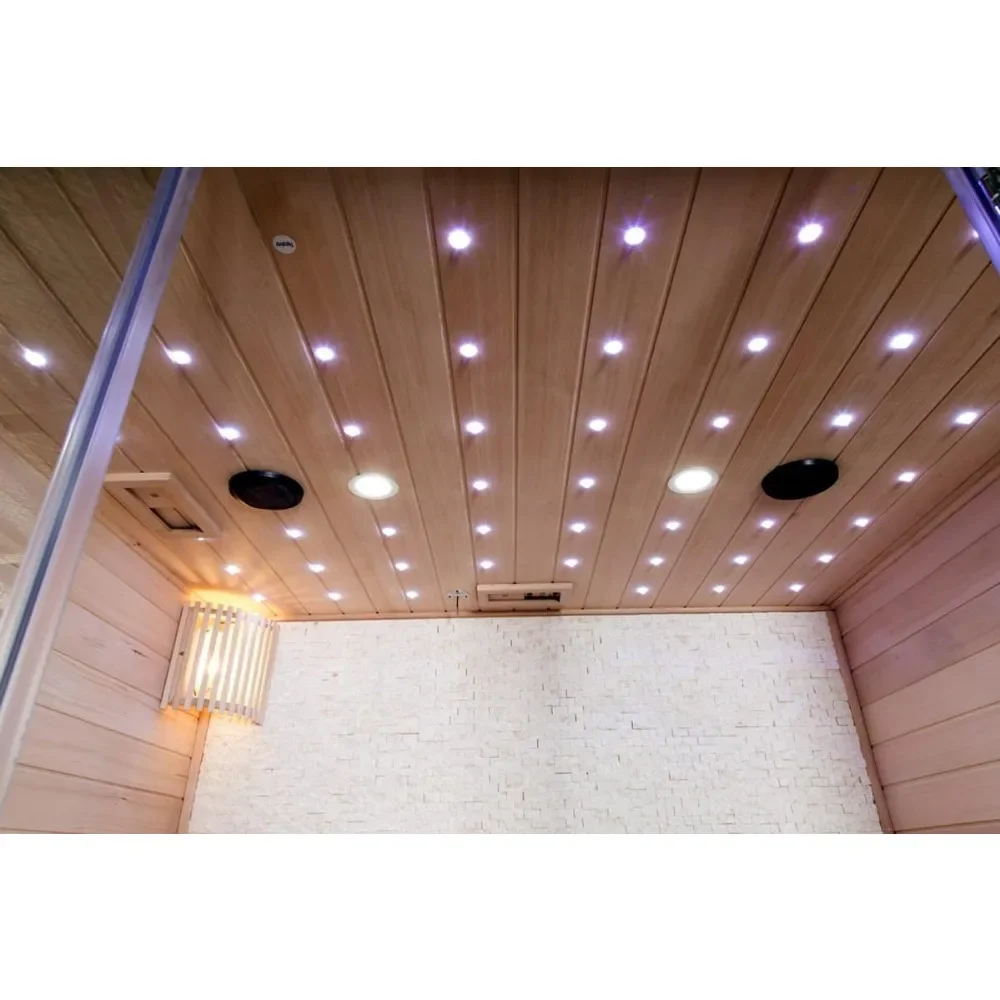 Hemlock Wood Traditional Wet or Dry 4-5 Person Glass Wall Sauna, with 6KW Heater, Rocks, Water Bucket, Ladle, LED Lights, Sauna 4