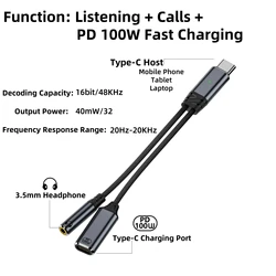 Dual USB - C Female Power Charging and Audio Adapter 2 - in - 1 Dongle (For 3.5mm Headphone)