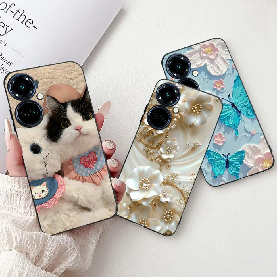 Silicone Cute Cat Luxury Flowers Shockproof Bumper Back Cover Case