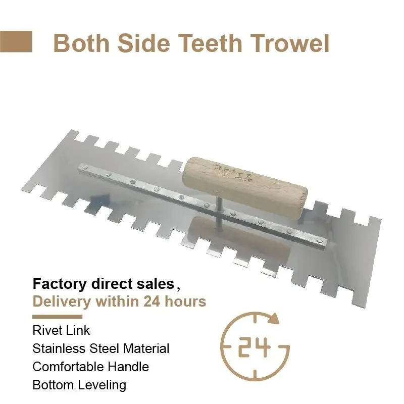 40cm Stainless Steel Standard Square Notch Tiling Trowel Both Sides 15x15mm Toothed Construction Trowel Blade Skimming Spatula