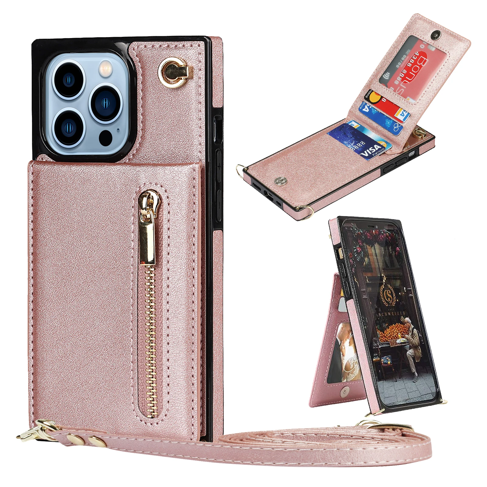 

Crossbody Phone Strap Leather Zipper Purse Wallet Case For iPhone 15 Pro Max 14 13 12 11 XR XS X 8 Card Holder Kickstand Cover