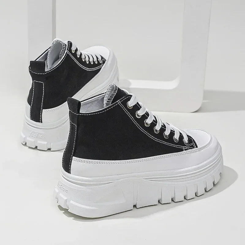 Women's Casual Height Increased Shoes Solid Color Versatile Canvas Shoes High Top Lace Up Flats Comfortable Breathable Female 2