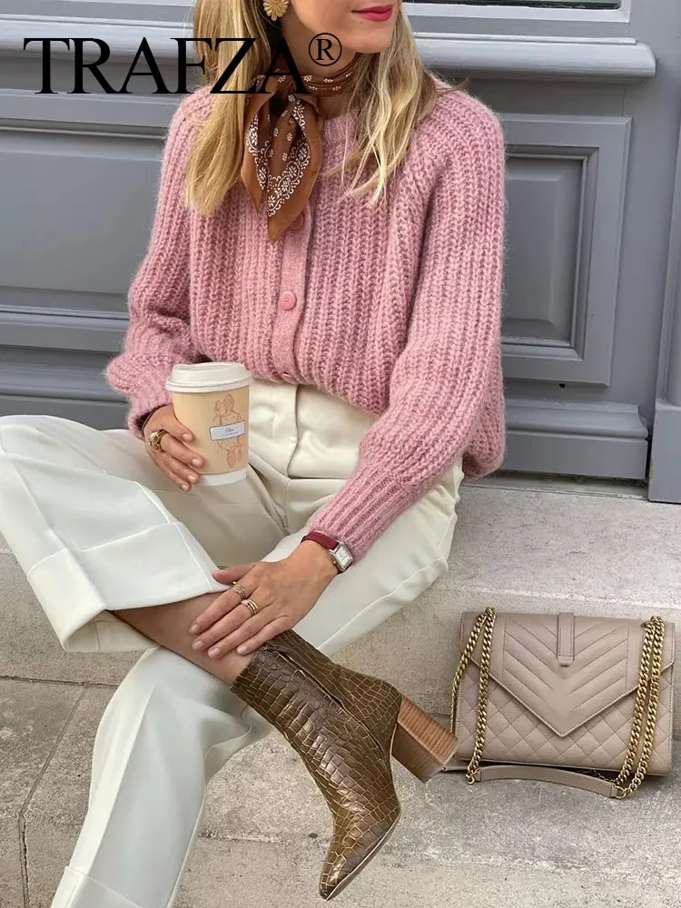 

TRAFZA Retro Solid Color Women's Knitted Cardigan Spring Fashion Raglan Sleeve Round Neck Button Jacket Women's Short Sweater